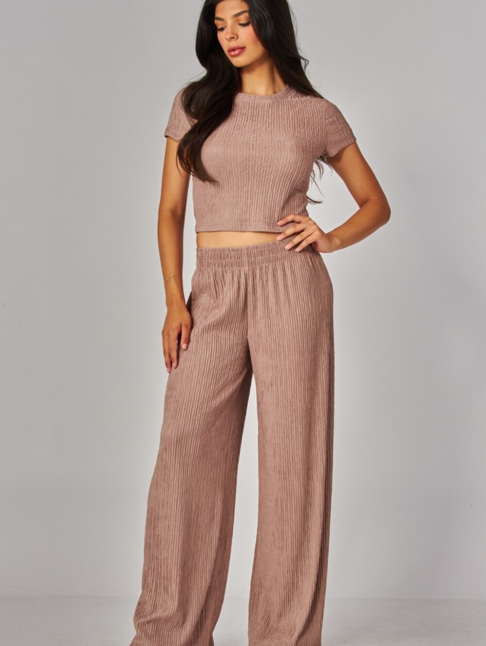 Mocha Mousse Crinkle Short Sleeve Crop Pantsuit